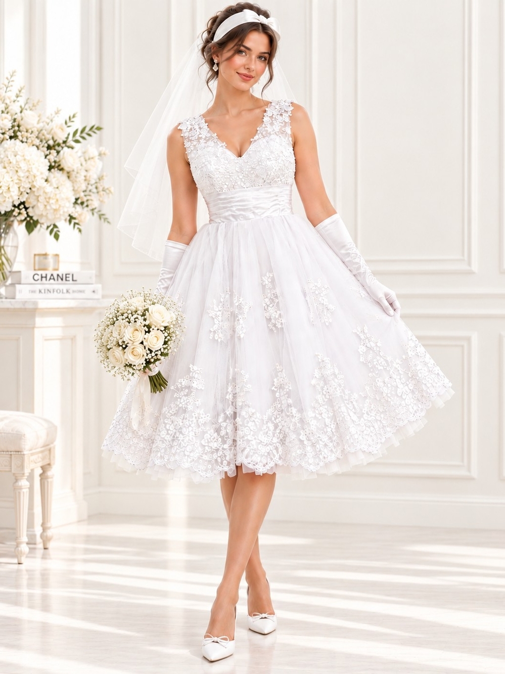 Ever Pretty White Lace Tulle Bridal Midi Dress Corset Back Size Medium| NWOT